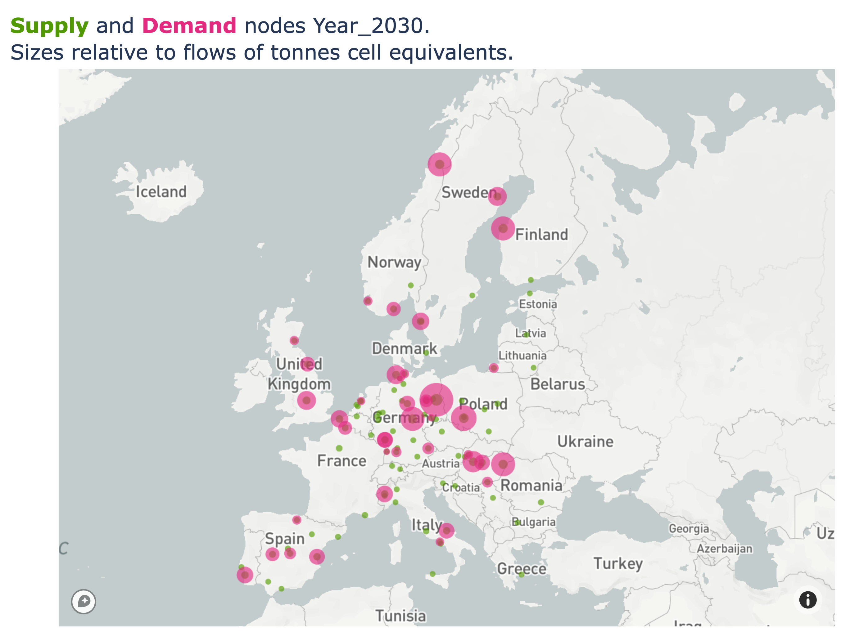 Geographic map showing battery recycling supply and demand distribution across Europe in 2030